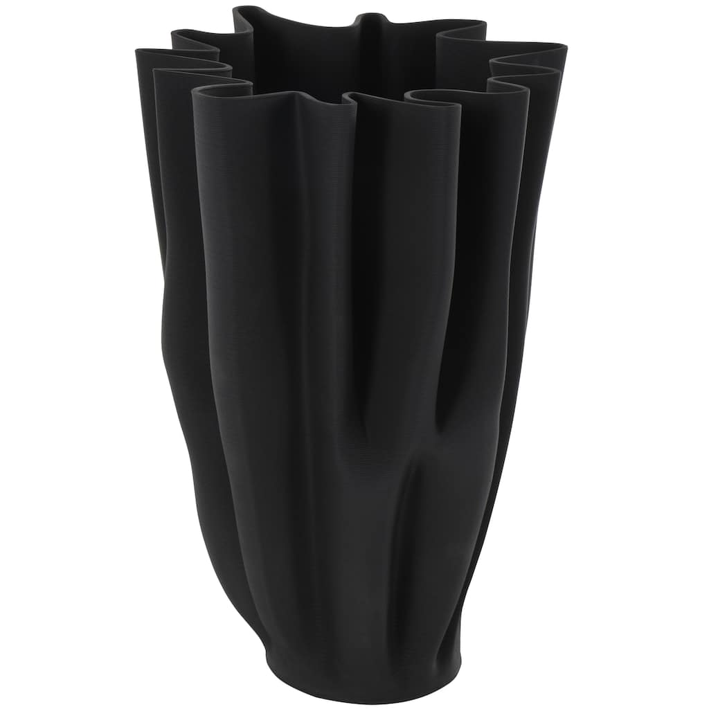 Ceramic Abstract Dimensional Ribbed Tulip Decorative Vase with Angular Rim - Black - Roche River Decor