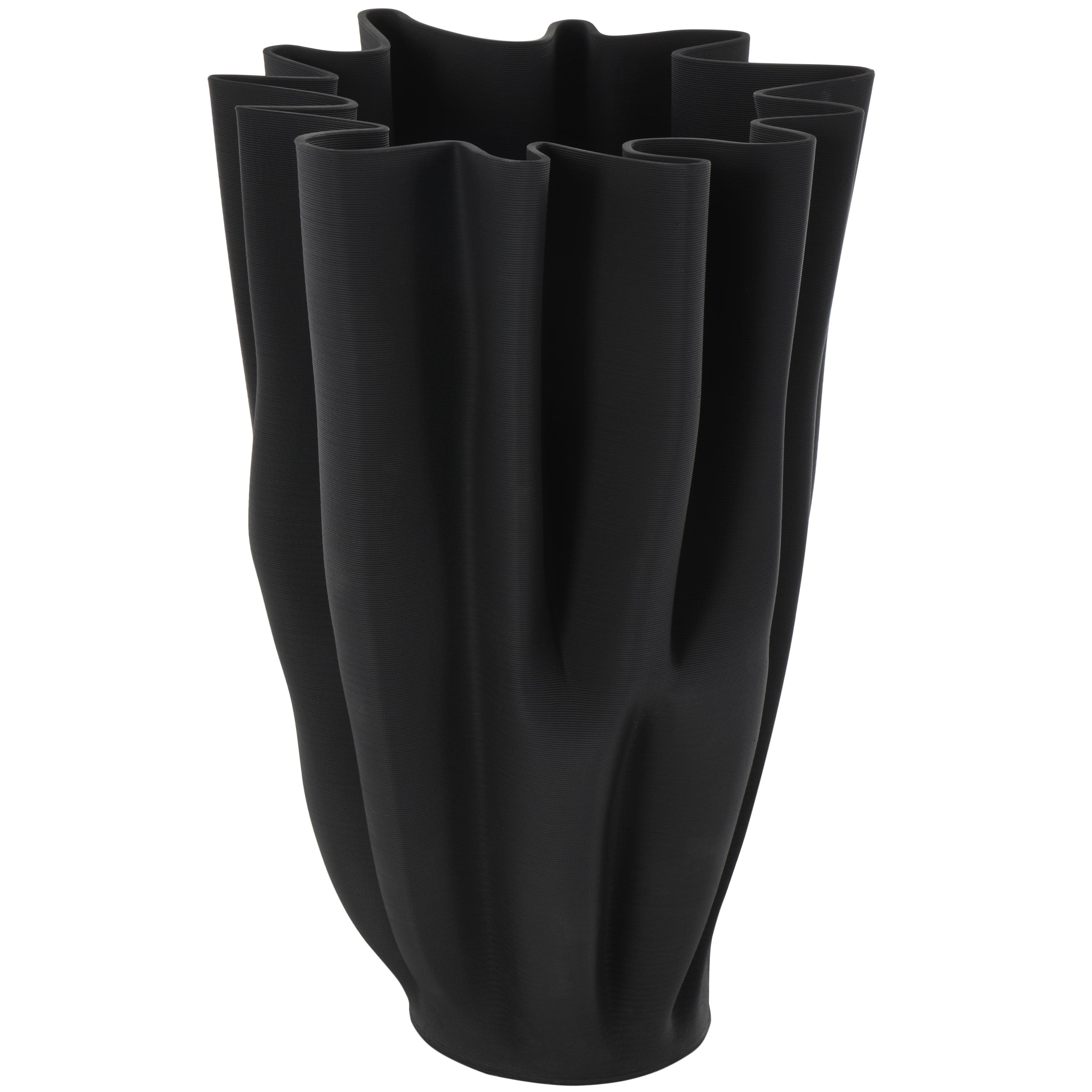 Ceramic Abstract Dimensional Ribbed Tulip Decorative Vase with Angular Rim - Black - Roche River Decor