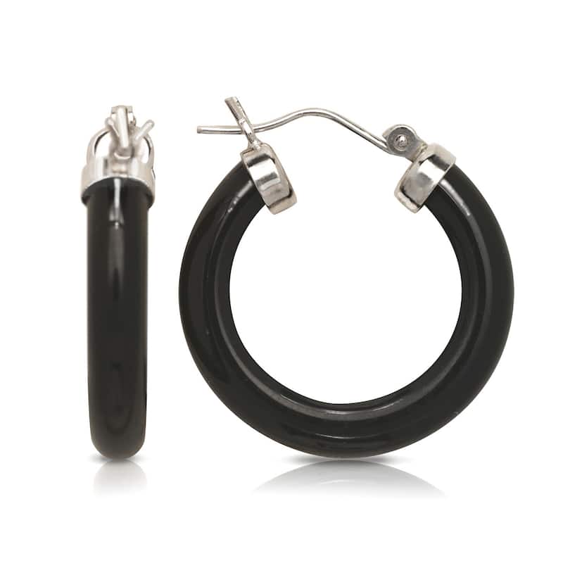 Curata Sterling Silver/Rhodium Green and Lavendar Jade or Black Onyx Tube Hoop Earrings (4mm x 26mm) - Black
