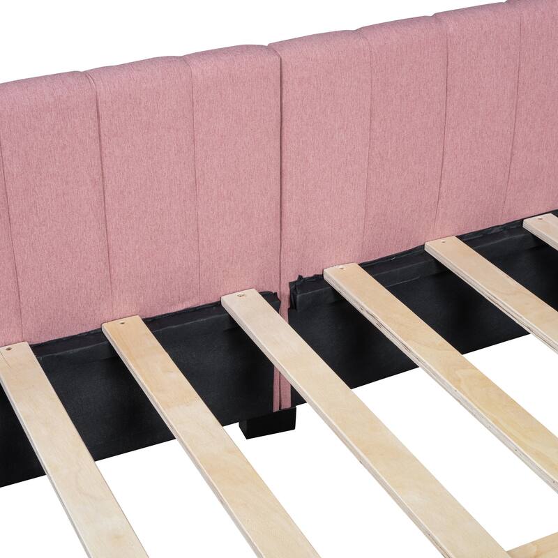 Pink Upholstered Platform Bed with Tufted Headboard and Strong Support