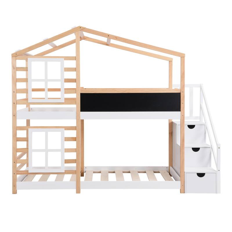 Twin over Twin Bunk Bed House Bed With Roof Windows Blackboard And Storage Ladder Platform Bed, bed Frame