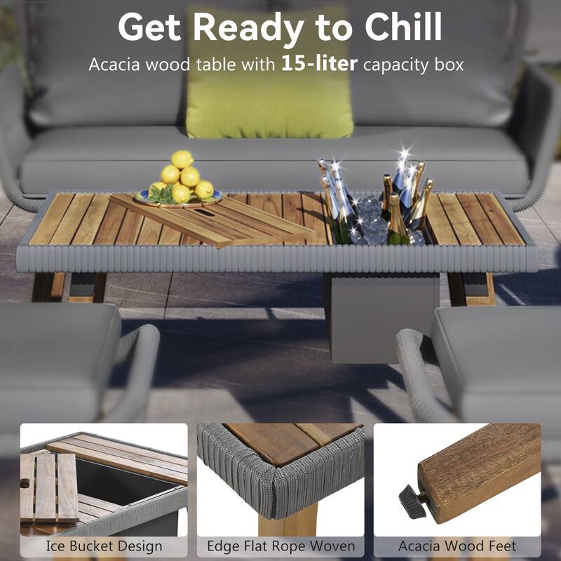 6 Piece Outdoor Woven Rope Furniture Set Deep Seat Patio Conversation Sofa Set, Acacia Wood Cool Bar Table with Ice Bucket