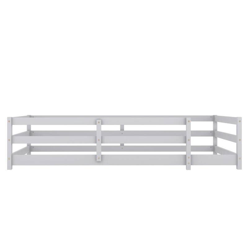 Twin Size Pine Wood Fenced Floor Panel Bed for Kids with No Box Spring Needed and Easy Assembly