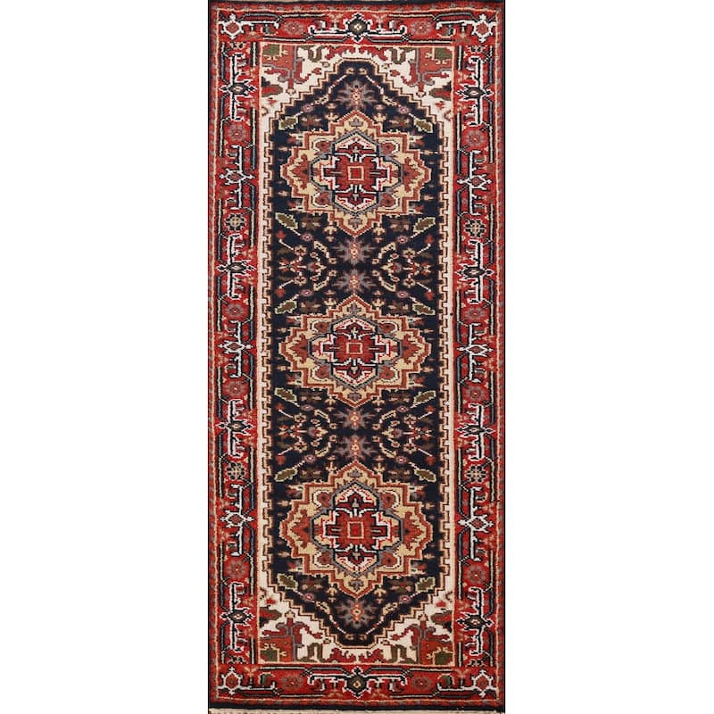 Hand Knotted Oriental 100% Wool Carpet Traditional Geometric Navy Blue & Blues Heriz (serapi) Runner Rug - 7' 10'' X 2' 7''