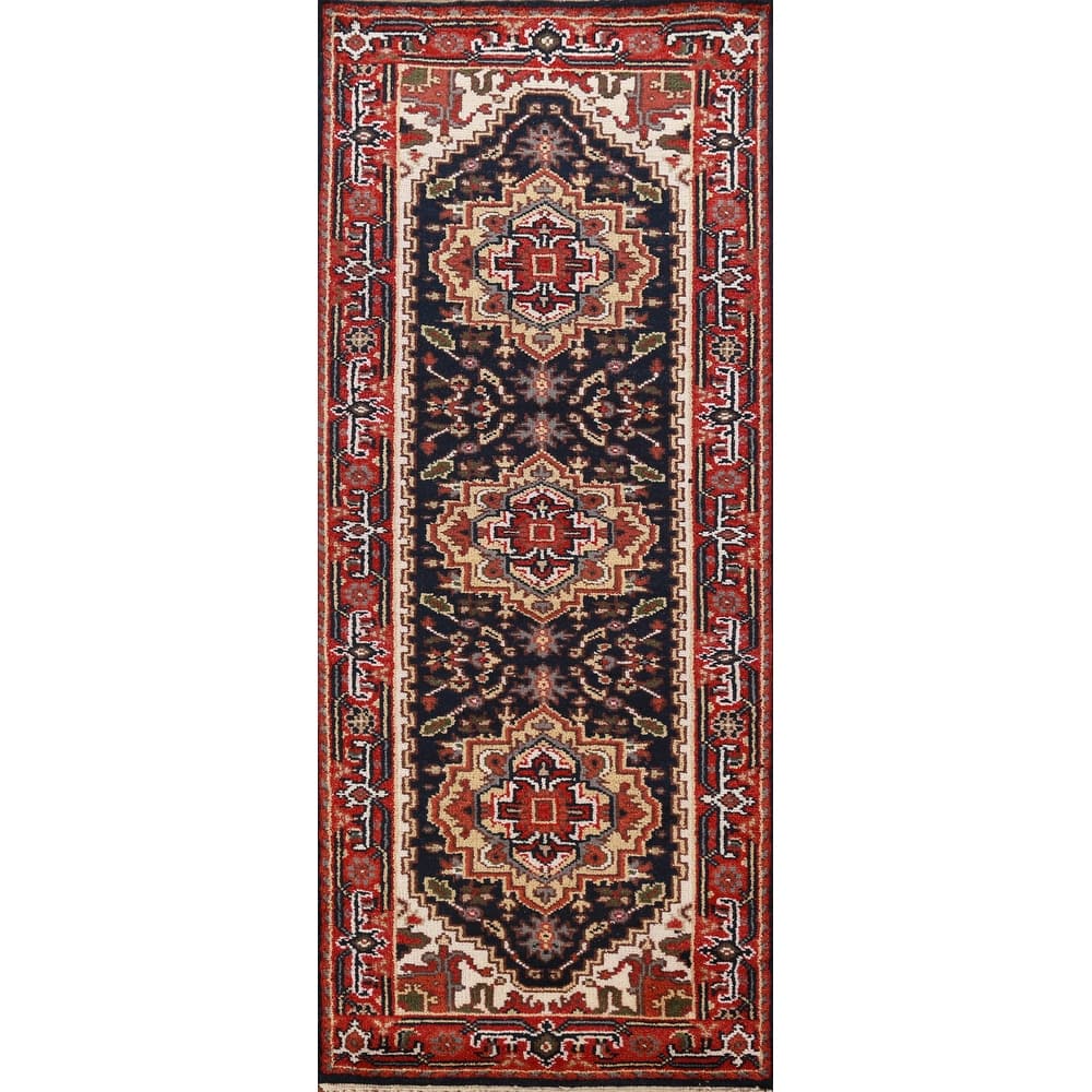 Hand Knotted Oriental 100% Wool Carpet Traditional Geometric Navy Blue & Blues Heriz (serapi) Runner Rug - 7' 10'' X 2' 7''