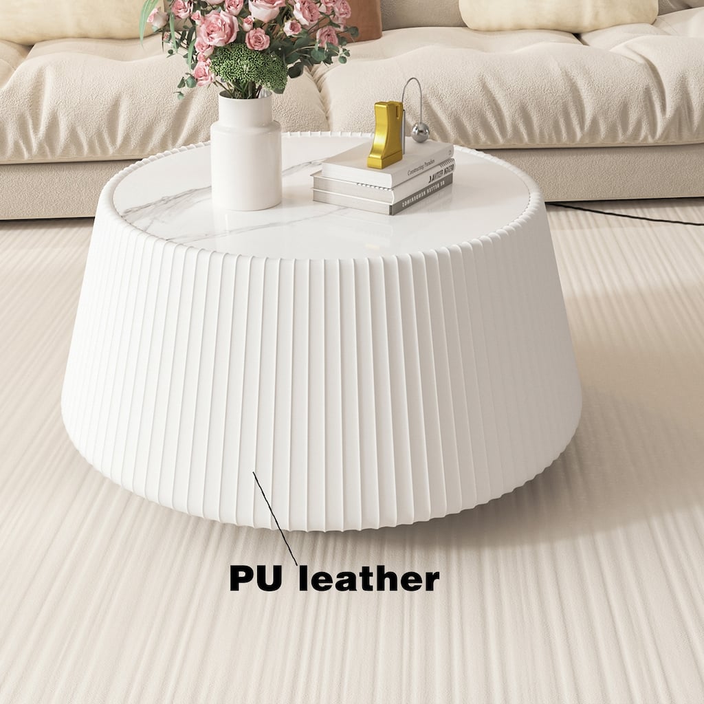 Light Sintered Stone Top with Unique Grey Pattren Cup Shape Leather Coffee modern Sofa Table in White