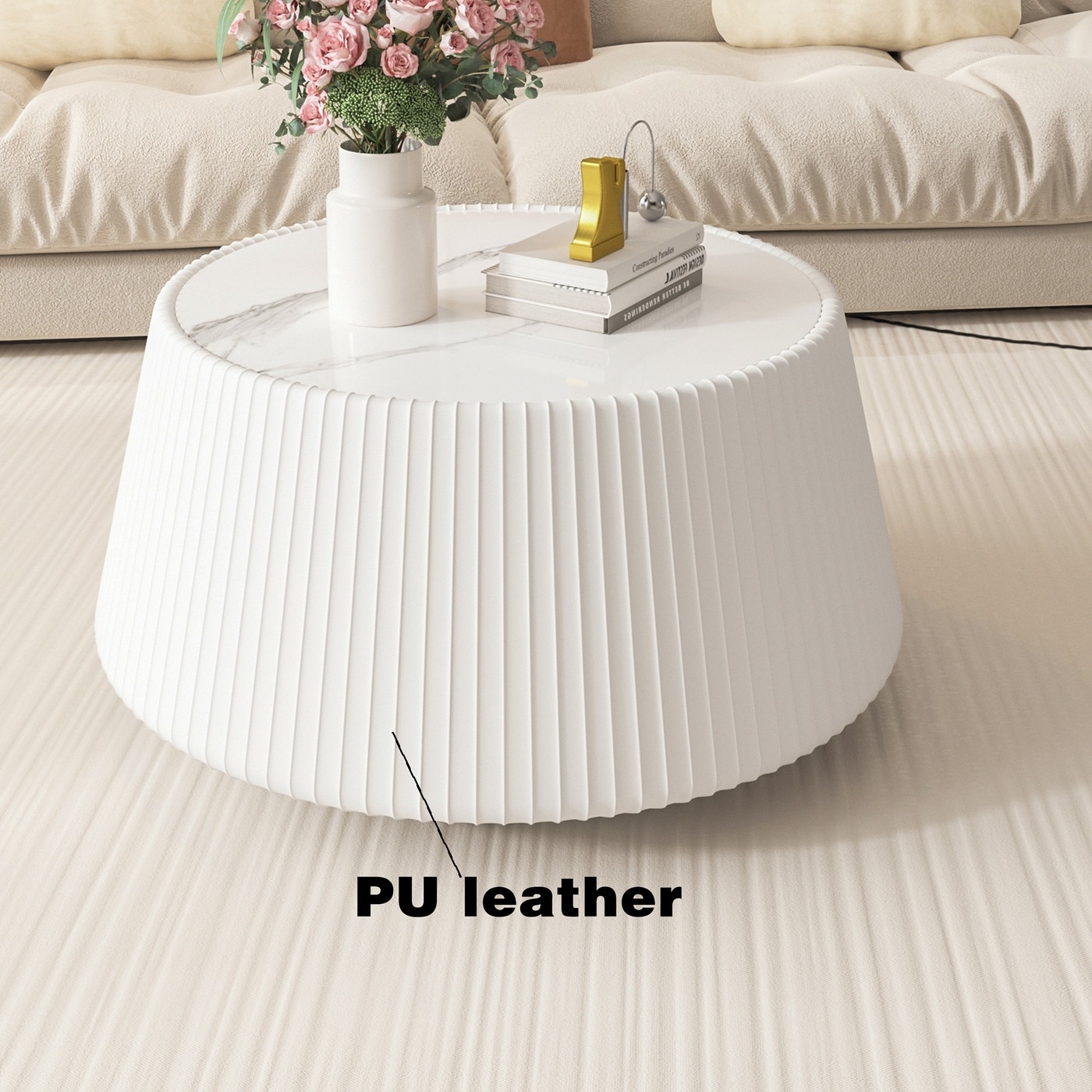 Light Sintered Stone Top with Unique Grey Pattren Cup Shape Leather Coffee modern Sofa Table in White