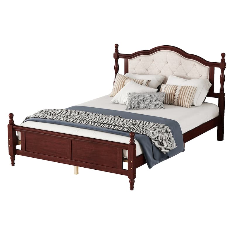 Classic Platform Bed Wooden Frame Queen Size Bed with Upholstered Tufted Headboard, Panel Footboard and Central Support Feet