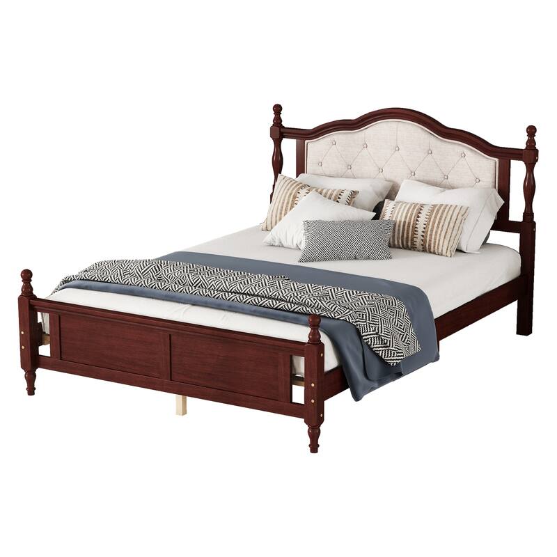 Queen Size Pine Wood Platform Bed - Upholstered Headboard, Support Feet