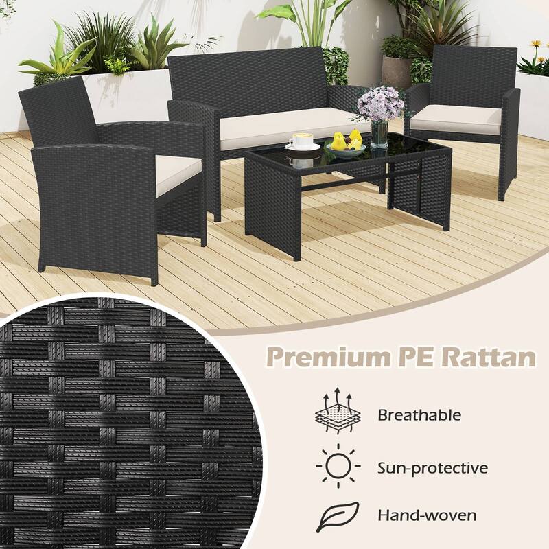 Gymax Set of 8 Patio Conversation Set w/Seat Cushions & Tempered Glass