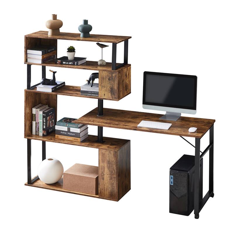 Home Office Computer Desk L-Shaped Corner Table, Rotating Office Desk with 5-Tier Bookshelf & Lockable Casters