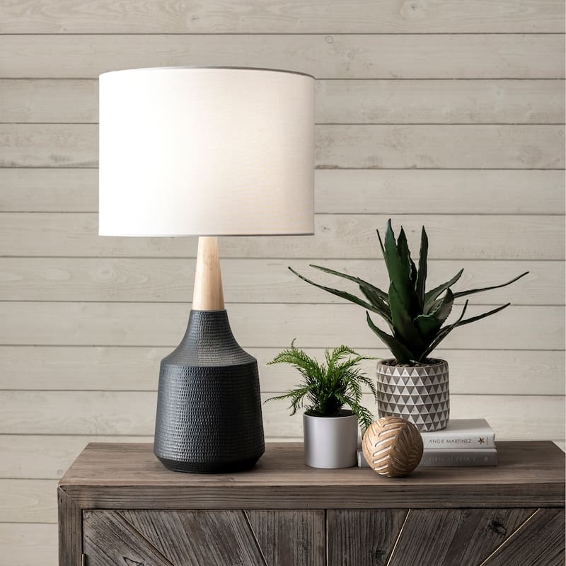 Nuloom 28-inch Jenna Black Ceramic & Wood Linen Shade Table Lamp - 15"W x 15"D x 28"H - 15"W x 15"D x 28"H - Black