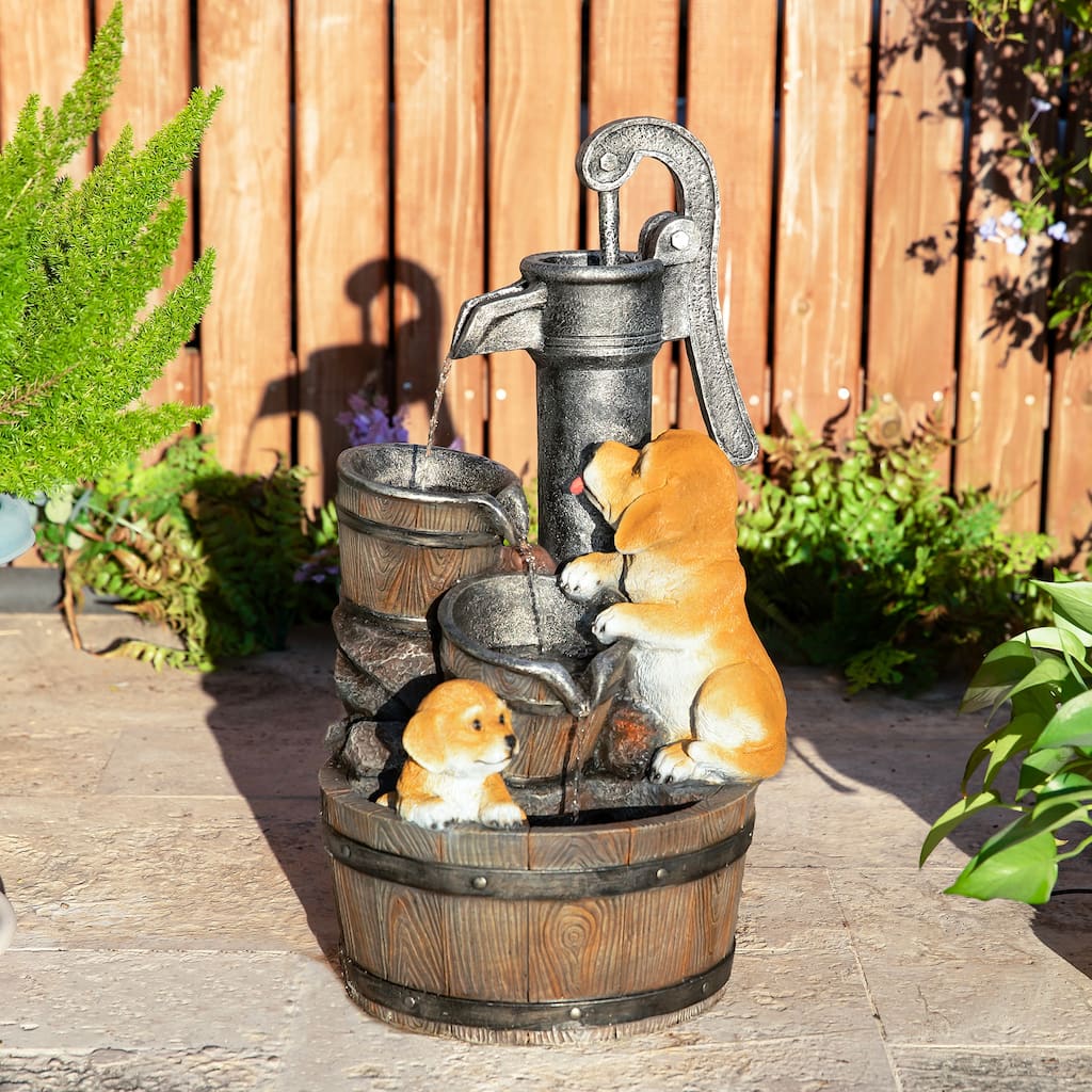Glitzhome 23.75"H Cute Dog Playing Around the Water Pump Polyresin Outdoor Fountain with Pump and LED Light