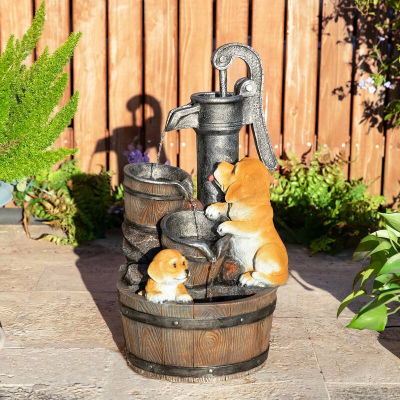 Glitzhome 23.75"H Cute Dog Playing Around the Water Pump Polyresin Outdoor Fountain with Pump and LED Light