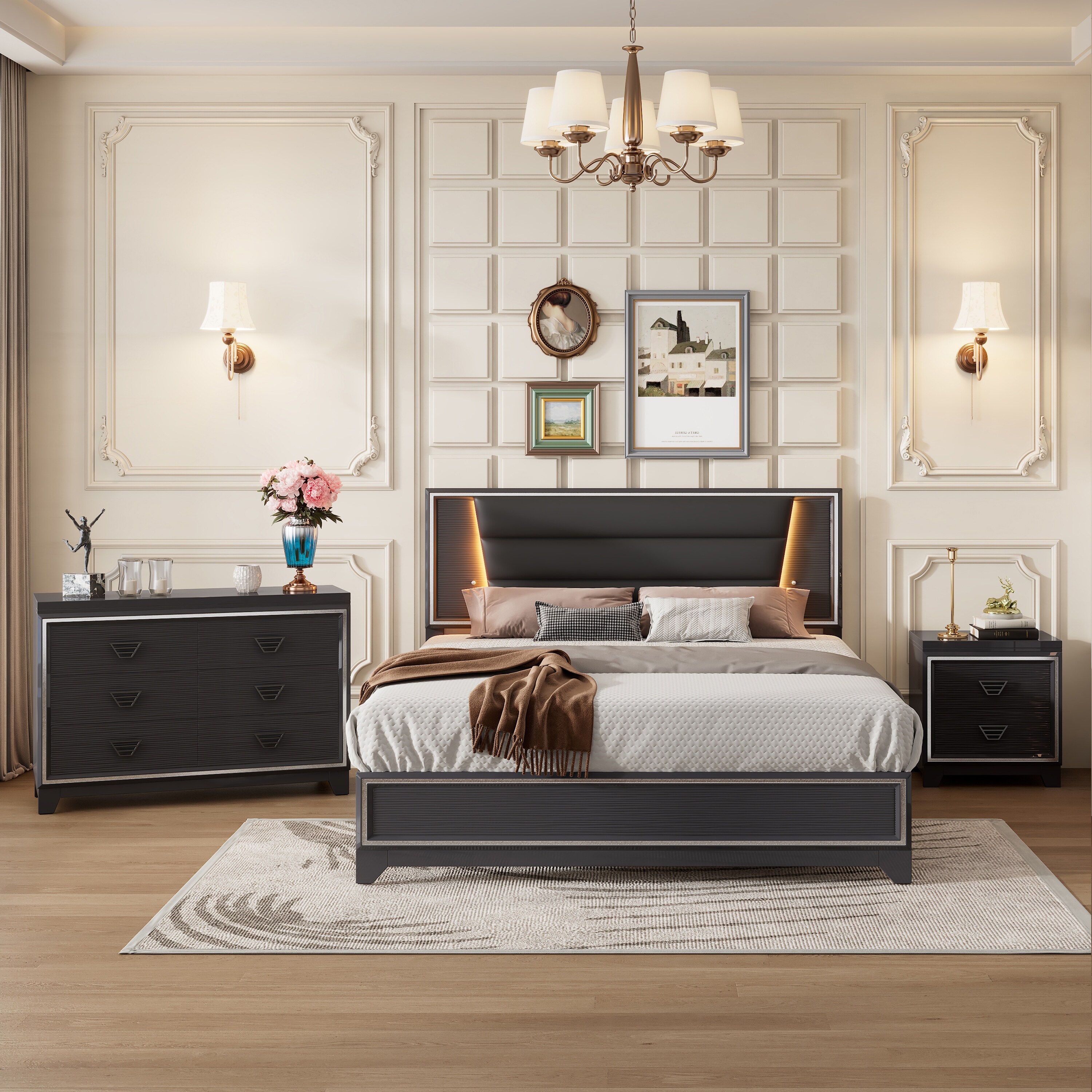 Elegant 3 Piece Queen Bedroom Set with LED Lights Upholstered Bed Nightstands Dresser with Sparkling Shiny Decor White