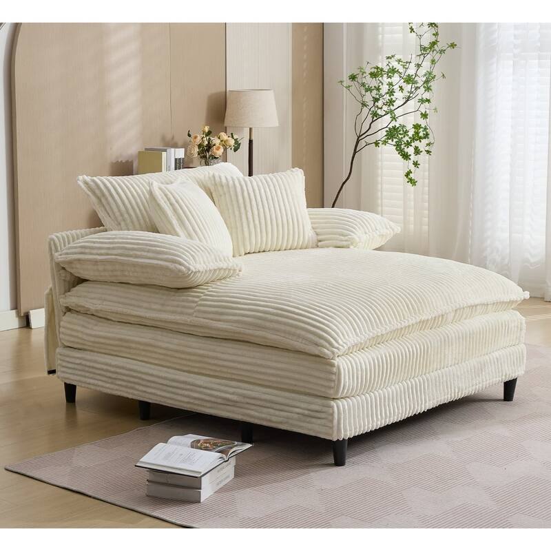 Corduroy Adjustable Chaise Lounge Chair, Sofa Bed with 2 Pillows - Beige