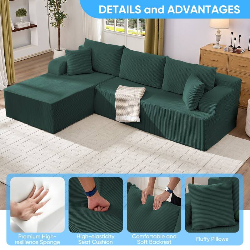 Mixoy 2-Pcs Free Combination Modular Sectional Sofas with Deep Seat,Corduroy L-Shaped Sofa with Chaise Lounge - 3-Seater
