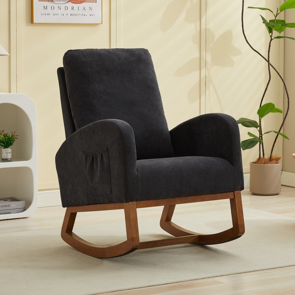 Upholstered Rocking Chair Nursery Chair with High Back and Side Pocket