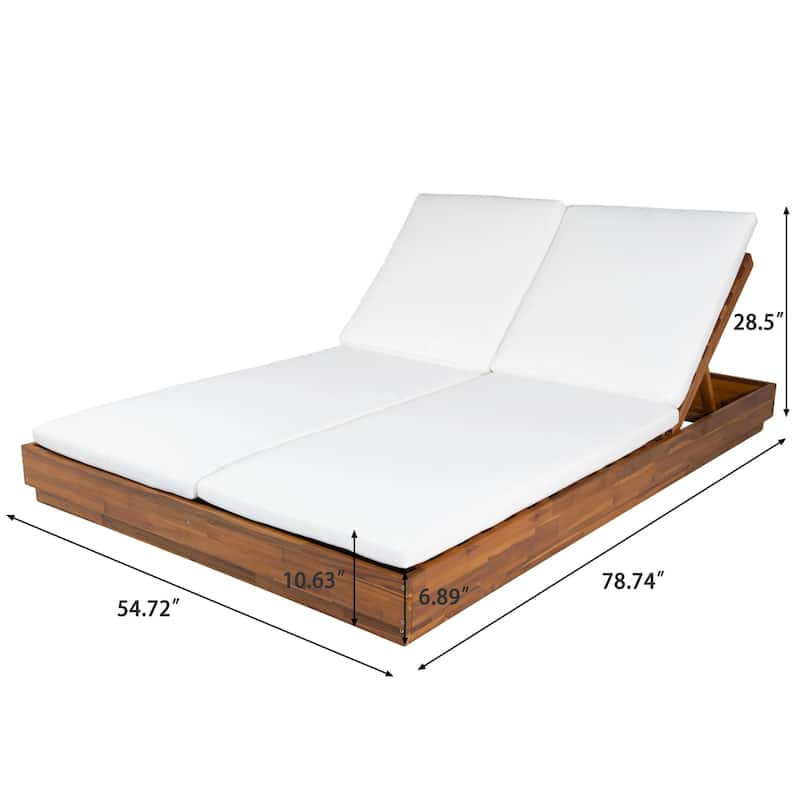 Christopher Knight Home - Outdoor Acacia Wood 5-Position Adjustable Double Chaise Lounge Set with 18" Square Slat Side Table