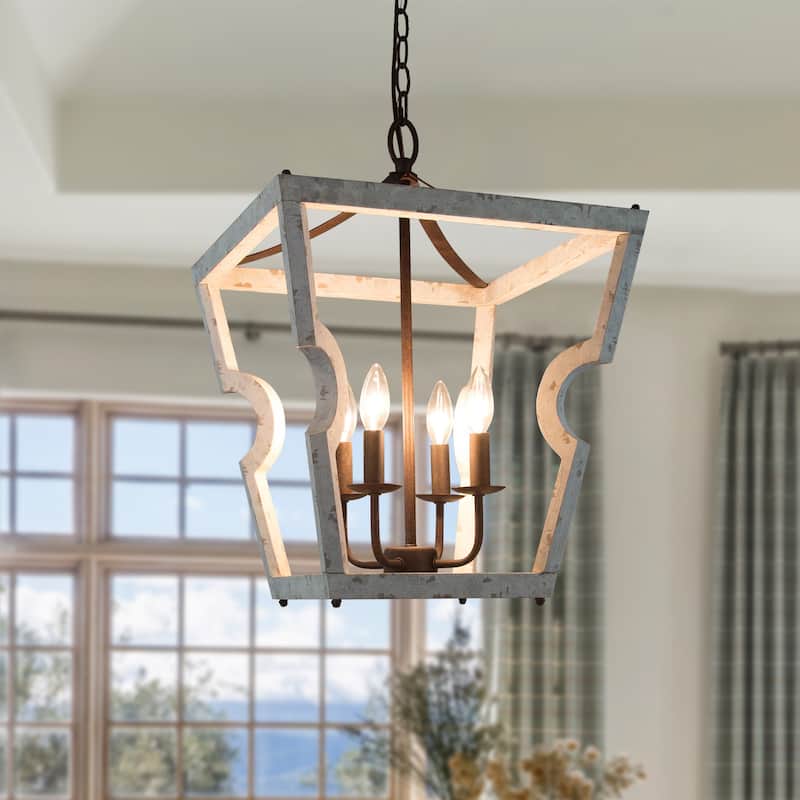 Farmhouse 4-light Wood Drum Chandelier Geometric Cage Hanging Pendant Lights Entryway - D 16'' x H 82'' - D 16'' x H 82'' - Weathered White