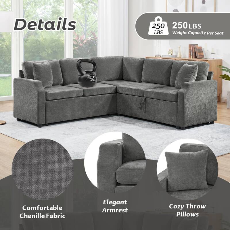 L-Shaped Sectional Upholstered Sleeper Sofa Convertible Pull-out Sofa Bed with Hidden Storage Space, Chenille Fabric