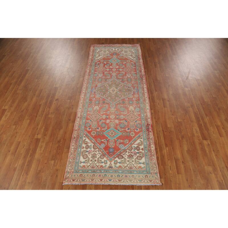 Hand Knotted Oriental 100% Wool Carpet Traditional Medallion Oranges & Rust Hamedan Runner Rug - 9' 8'' X 3' 6''