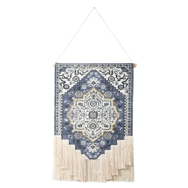 slide 2 of 22, Boho Floral Woven Wall Hanging with Macrame Fringe 24"x36" - Blue/White/Ivory/Yellow