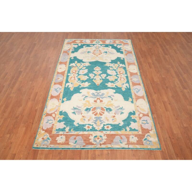 Hand Knotted Oriental 100% Wool Carpet Transitional Floral Green Oushak Area Rug - 8' 9'' X 5' 0''
