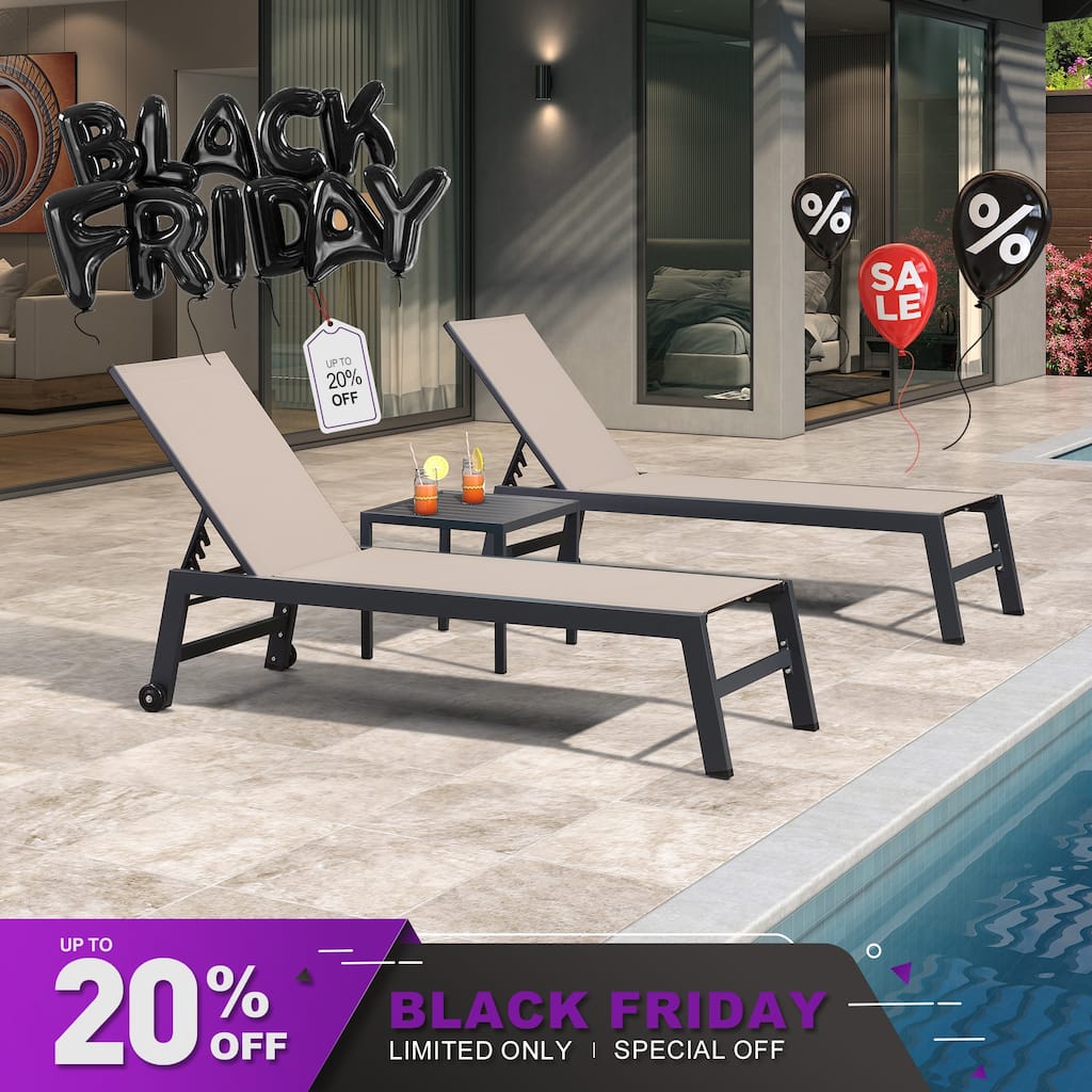 PURPLE LEAF Adjustable Patio Chaise Lounge Set 2 Pieces Lounge Chairs with Wheels and Side Table