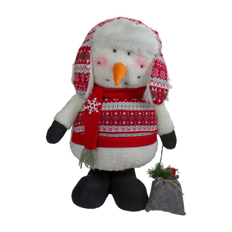 33-Inch Red, White, Gray Plush Christmas Snowman with Telescopic Legs