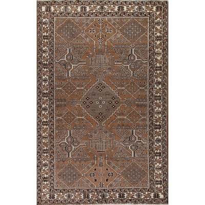 Geometric Brown Bakhtiari Persian Vintage Rug Handmade Wool Carpet - 6'5"x 9'11"