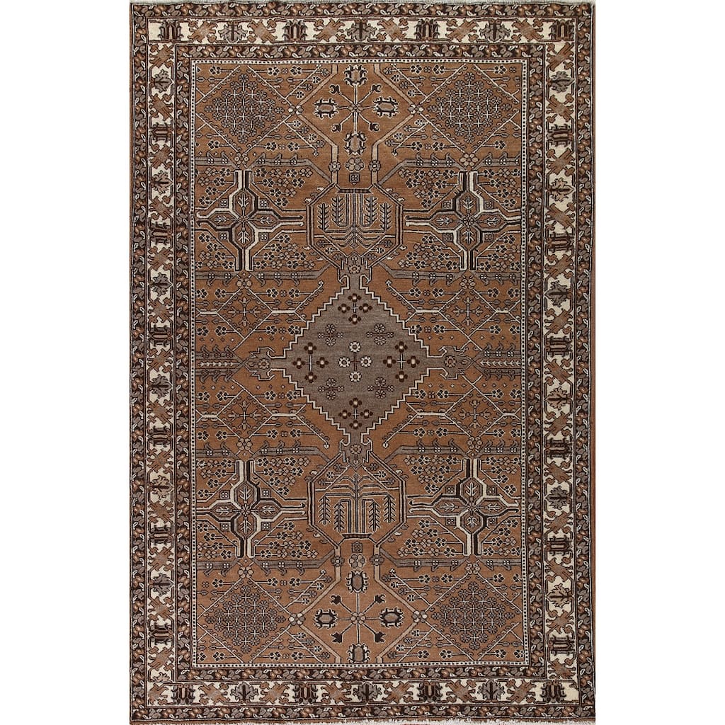 Geometric Brown Bakhtiari Persian Vintage Rug Handmade Wool Carpet - 6'5"x 9'11"