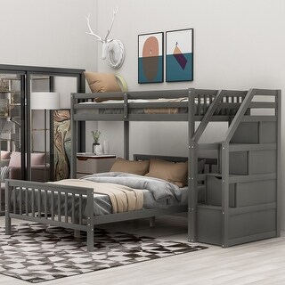 Twin Over Full Loft Bed with Staircase, Storage, Reversible Ladder, Grey