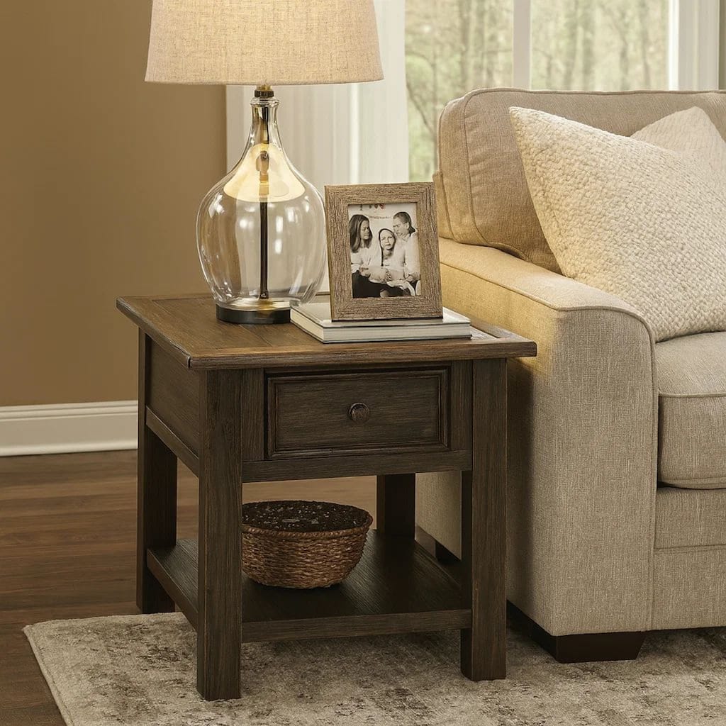 Wooden End Table with One Drawer and One Shelf, Brown and Black