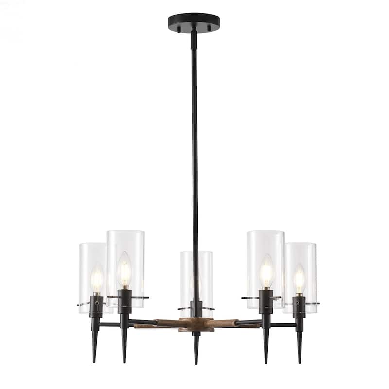 5-Lights Clear Glass Shades Candle Shape Modern Chandelier - 22.7"D×4.7"W×72"H (Adjustable)