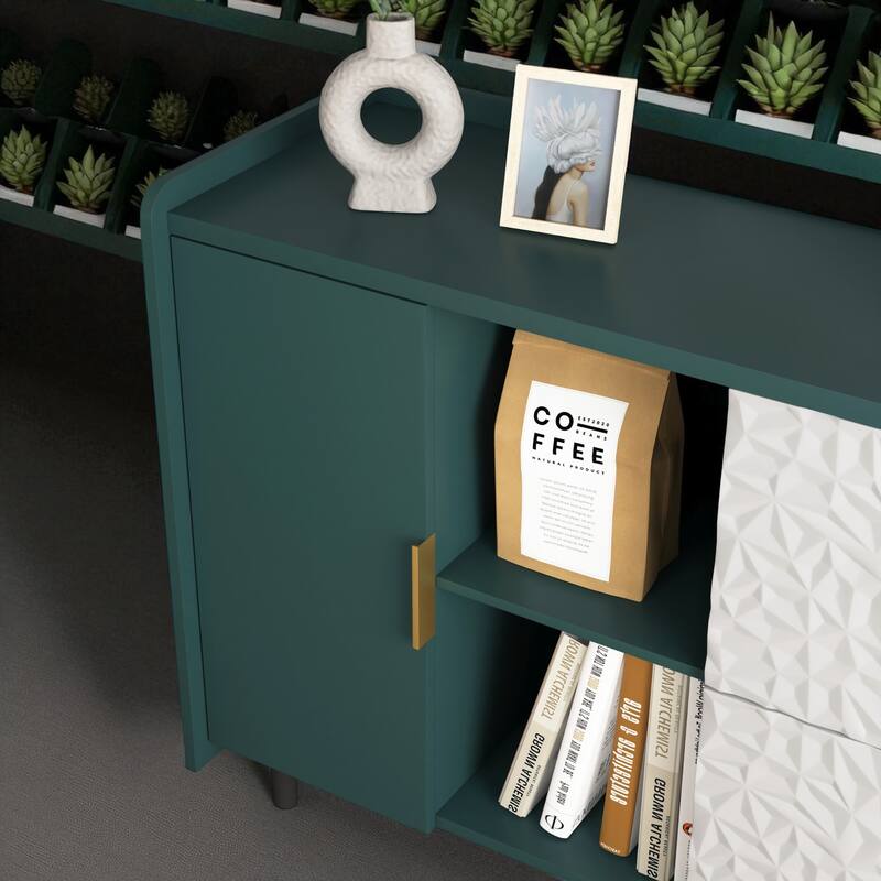 Modern 55" Coffee Bar Storage Cabinet with 2 Drawers, Glass Doors, & Open Compartments for Kitchen or Dining Room