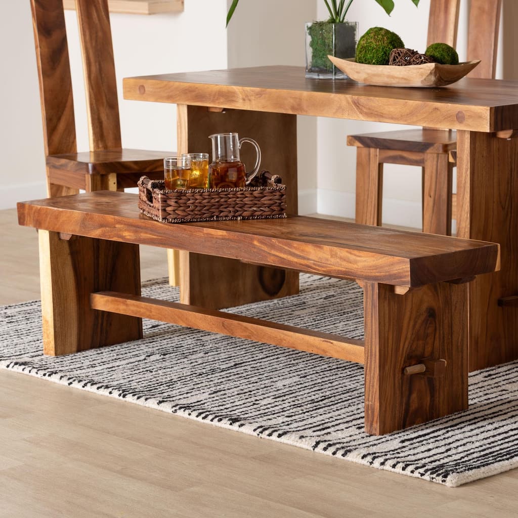 Biyu Suar Wood Dining Bench - Handcrafted Solid Wood Bench with Live Edge Details, Rustic Farmhouse Style