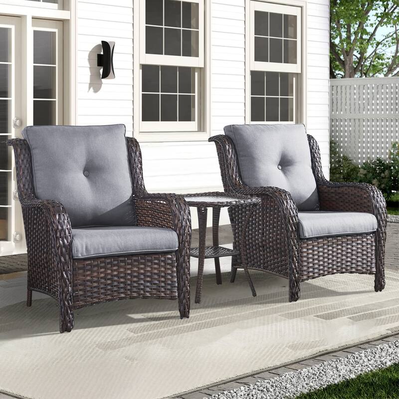 Pocassy 3 Pieces Outdoor Patio Chairs Table with 4 Inch Cushion - Gray cushion - Brown Wicker