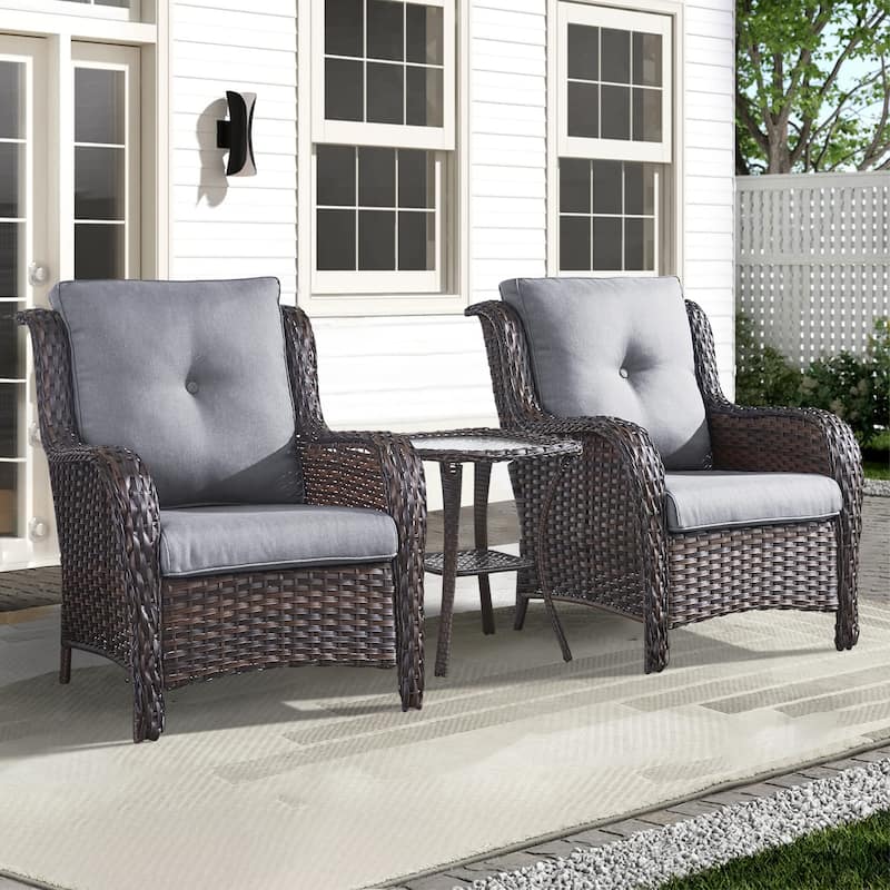 Pocassy Outdoor Patio Chairs Ottoman Table with 4 Inch Cushion - 3 Pieces Patio Chair w/ Table - Brown Rattan Grey Cushion