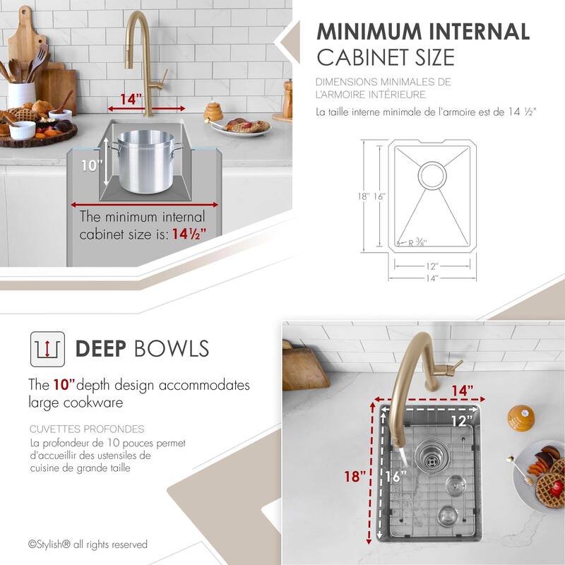 STYLISH Undermount 14" Single-Bowl Stainless Steel Bar Sink S-310G - 14" x 18" x 10"