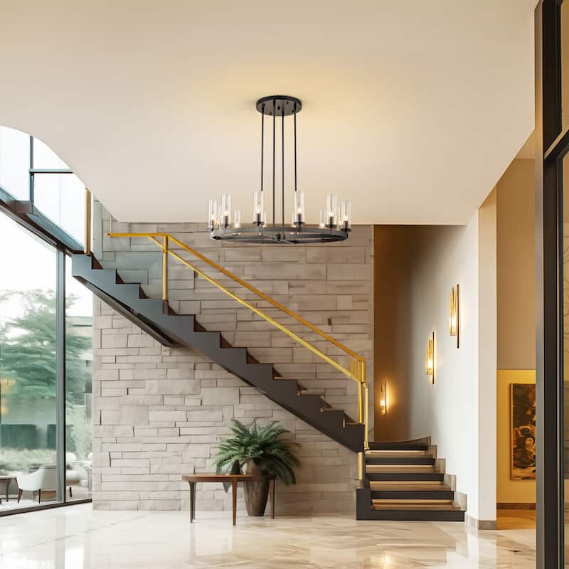 12-Light Mid-Century Modern Gold/Black Clear Glass Large Wagon Wheel Chandelier for Dining Room/ Living Room