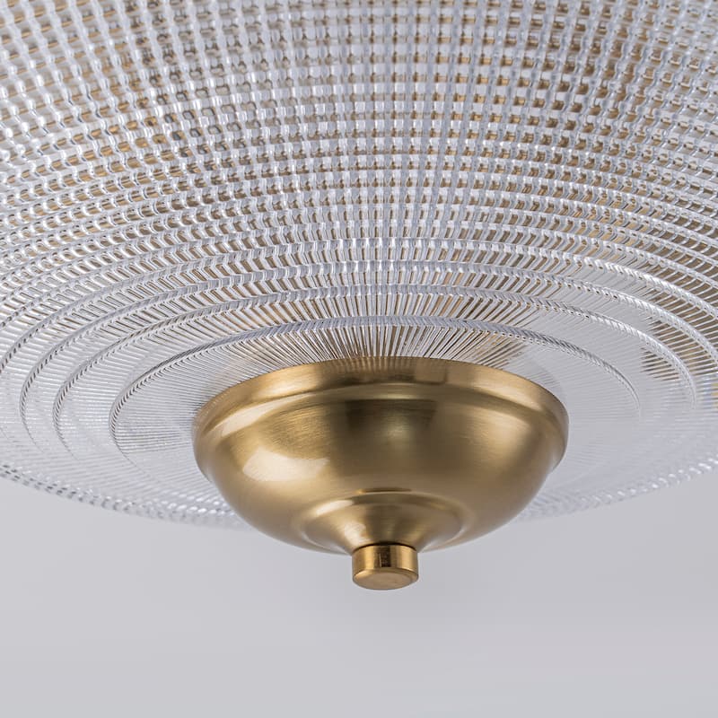 Industrial 3-Light Gold Semi Flush Mount Lights with Grid Textured Glass - Brass