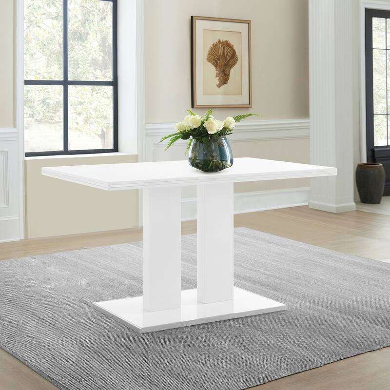 Modern White Lacquer and Chrome 51" Rectangular Dining Table with Pedestal Base