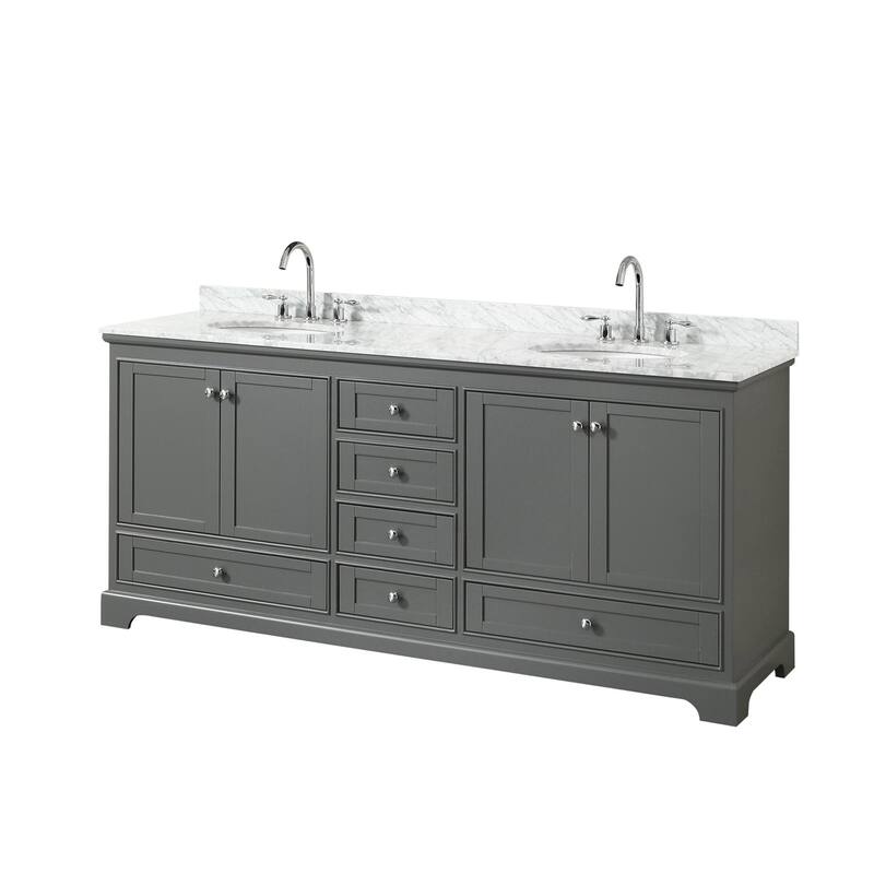 Wyndham Collection Deborah 80" Free Standing Double Vanity Set with - Dark Gray / White Carrara Marble Top / Polished - Steel Finish