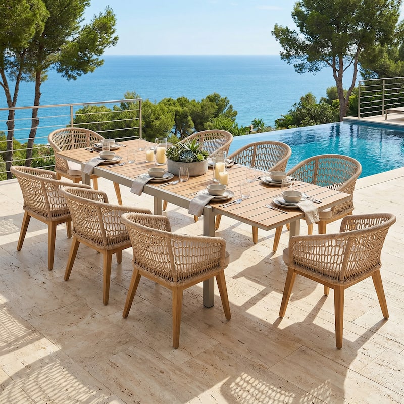 Extendable Outdoor Dining Set with Woven Rope Back Chairs with Cushions and All-Weather Aluminum Patio Table