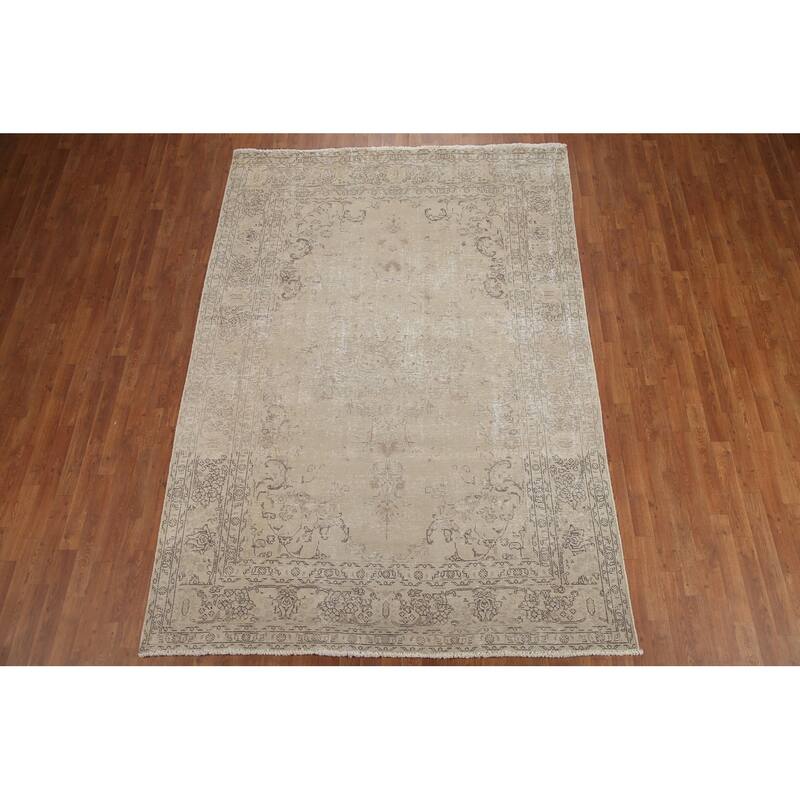 Hand Knotted Oriental 100% Wool Carpet Traditional Medallion Beige & Ivories Tabriz Area Rug - 9' 5'' X 6' 7''