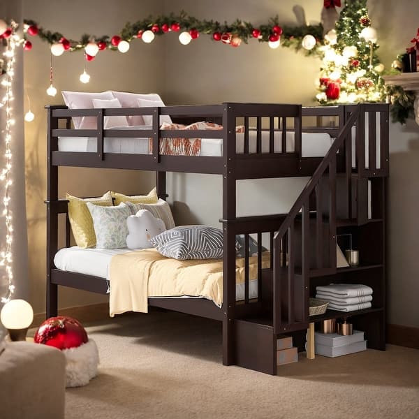 slide 2 of 15, Twin over Twin Bunk Bed with Storage and Guard Rail, Espresso Espresso