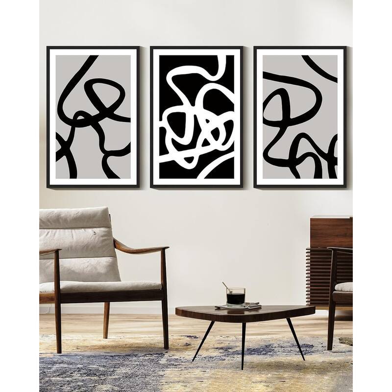 Black and White Lines Abstract Wall Art Ink Wash Minimalist