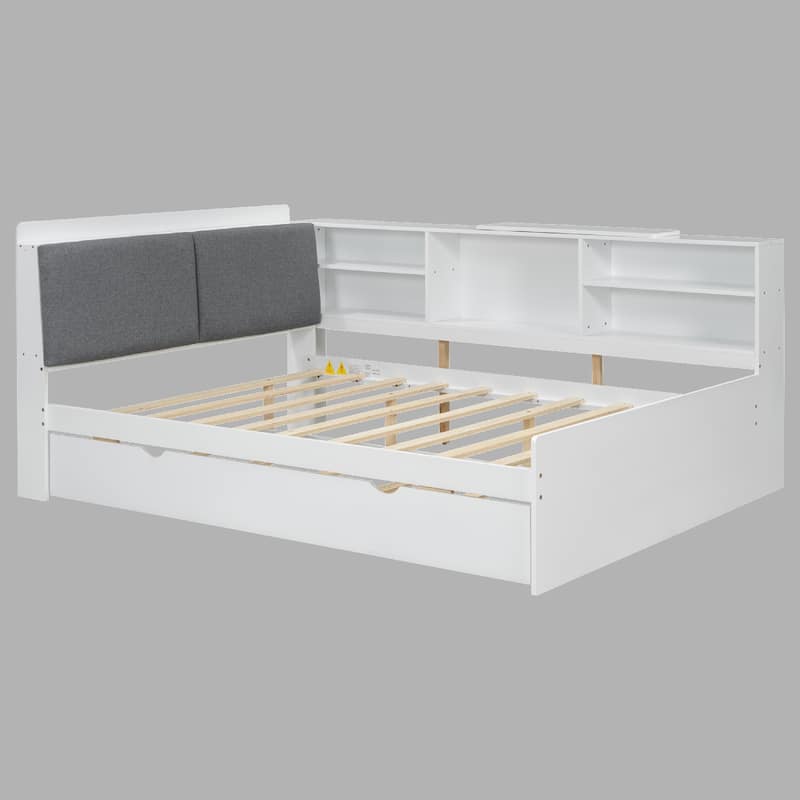 Wood Full Platform Bed with Trundle, Upholstered Headboard & Storage Shelves - White - Full