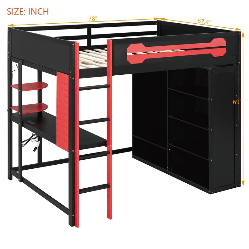 Roomfitters Full Gaming Loft Bed with Desk, Open Wardrobe, RGB LED and USB Ports, Space Saving Sleeper